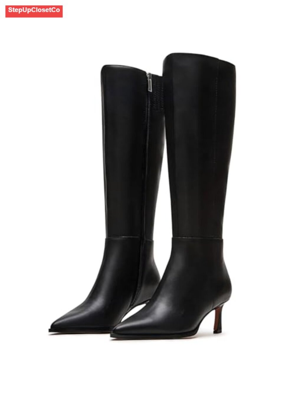 Kitten Heel Knee High Boots Pointed Toe Faux Leather Side Zipper Tall Dress Boot